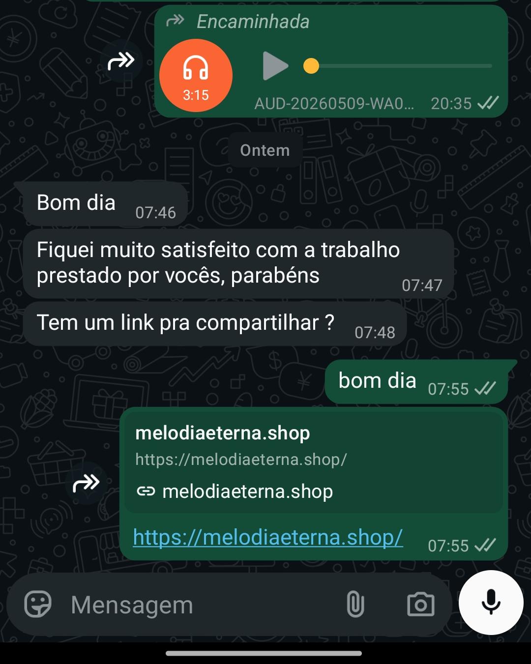Print de cliente satisfeito pedindo link para compartilhar