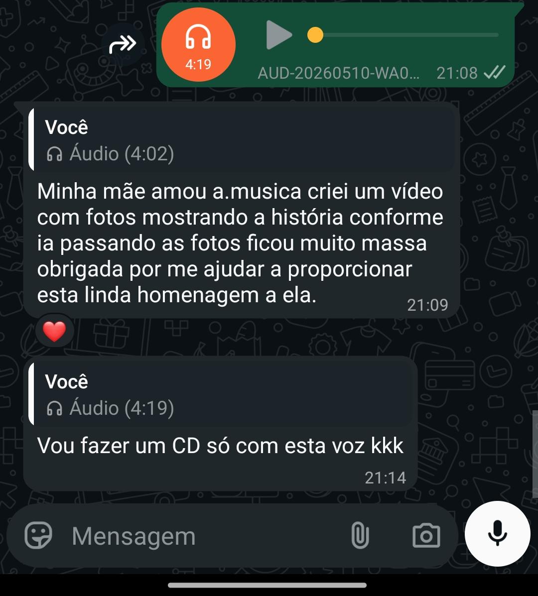 Print de cliente que fez um vídeo com a música da mãe