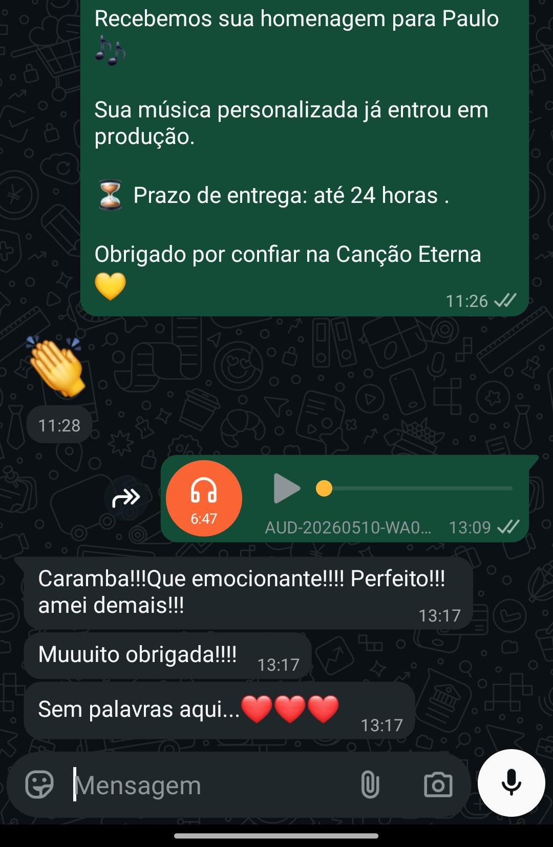 Print de cliente emocionada com a homenagem para Paulo